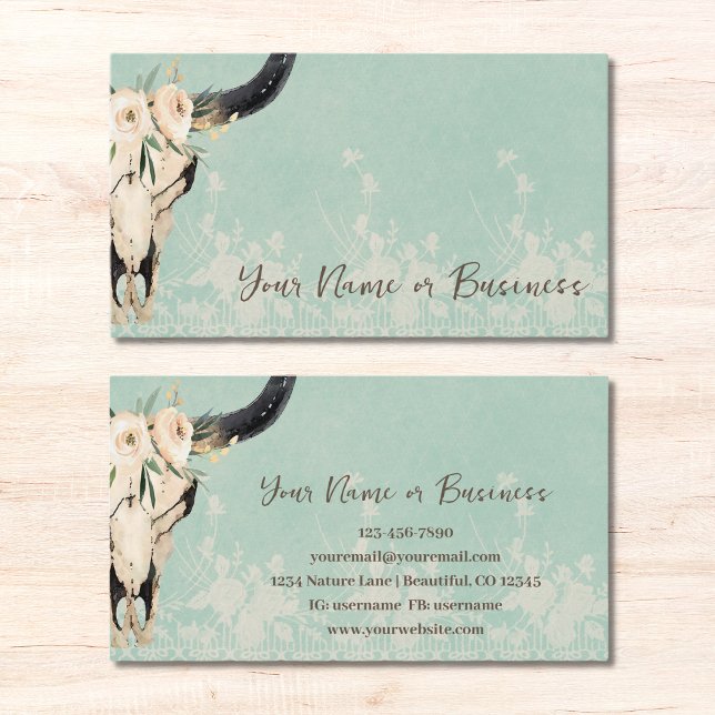 Tarjeta De Visita Boho Floral Cow Skull on Turquoise (Subido por el creador)