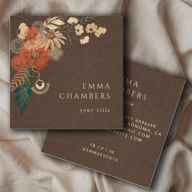 Tarjeta de visita Boho Floral Cream Brown Linen (Subido por el creador)