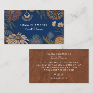 Tarjeta De Visita Boho Floral Event Planner Navy Blue
