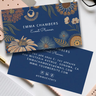Tarjeta De Visita Boho Floral Event Planner Navy Blue