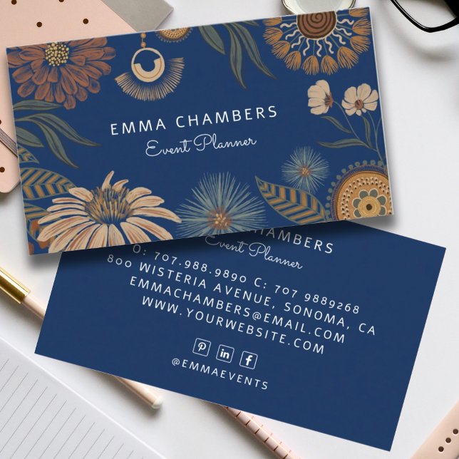Tarjeta De Visita Boho Floral Event Planner Navy Blue (Subido por el creador)