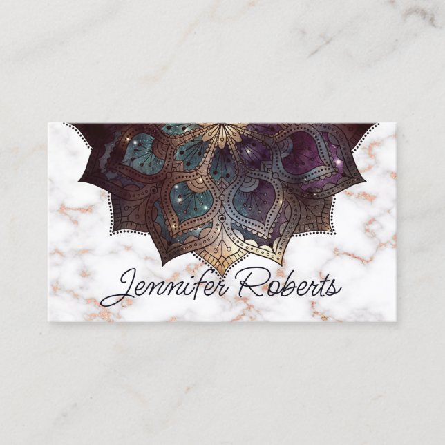 Tarjeta De Visita Boho Floral Mandala Rosa Dorado Mármol Yoga Elegan (Anverso)