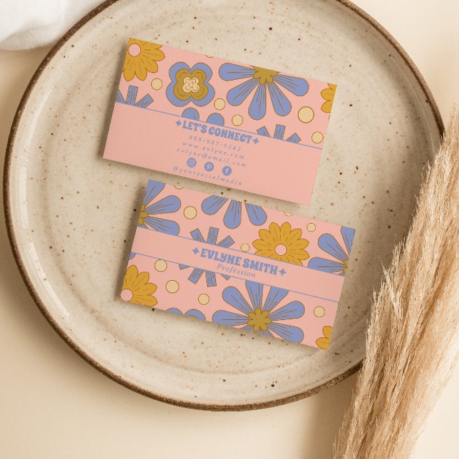 Tarjeta De Visita Boho floral retro rosa azul Groovy Girly Trendy (Subido por el creador)