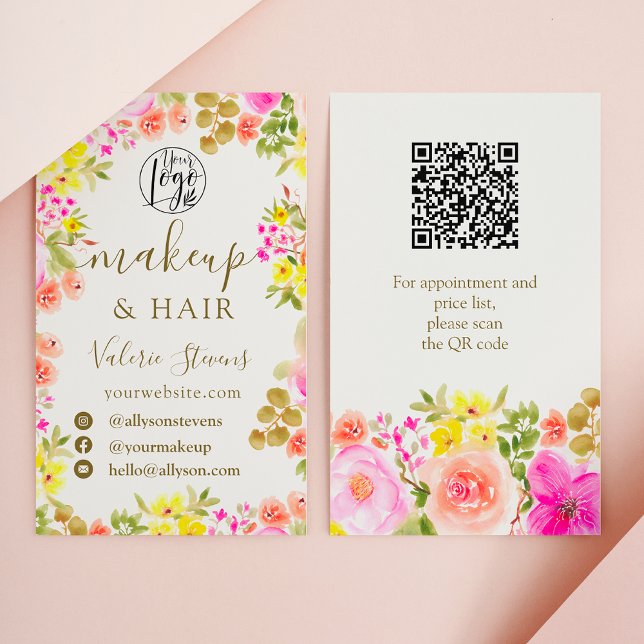 Tarjeta De Visita Boho flores silvestres jardín acuarela pelo de maq (Boho wild flowers garden watercolor makeup hair business card)