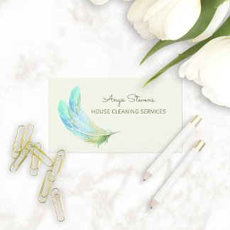 Tarjeta De Visita Boho Green Feathers House Cleing Services