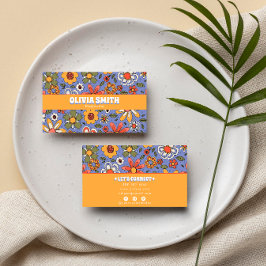 Tarjeta De Visita Boho Groovy Floral 70 retro azul amarillo retro mo