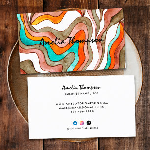 Tarjeta De Visita Boho Groovy Retro Naranja Líneas Onduladas Abstrac