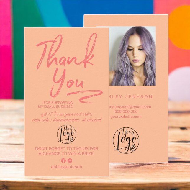 Tarjeta De Visita Boho guión melocotón foto orden de agradecimiento (Boho peach script photo logo order thank you business card)