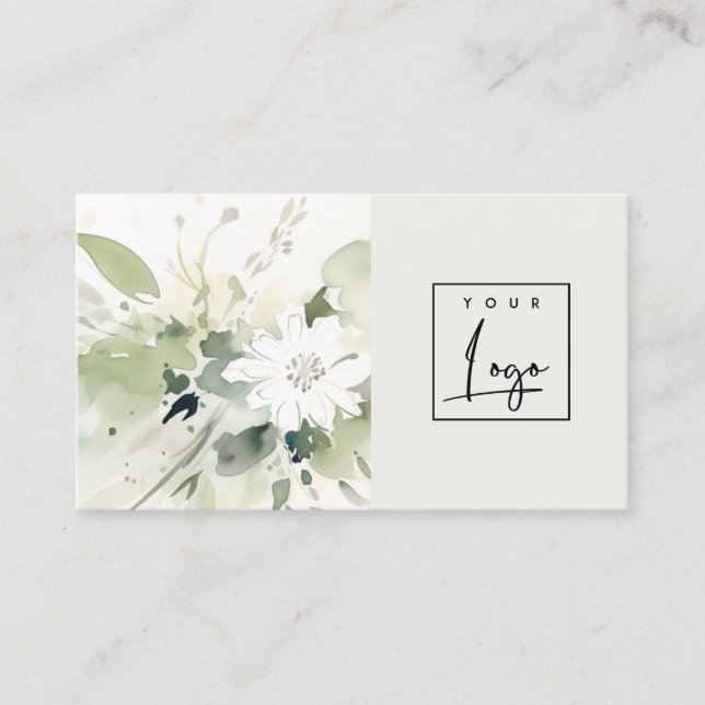 Tarjeta De Visita Boho moderno Resumen Logo de Floral Blanca Verde (Anverso)