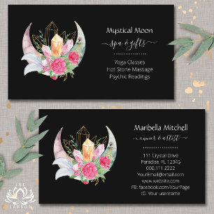 Tarjeta De Visita Boho Moon Crystals Feathers Flores Horizontal