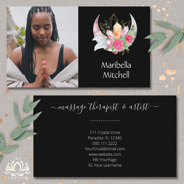 Tarjeta De Visita Boho Moon Crystals Feathers Flowers Foto (Subido por el creador)