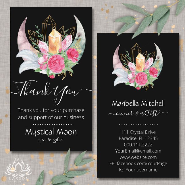 Tarjeta De Visita Boho Moon Crystals Feathers Flowers Gracias (Subido por el creador)