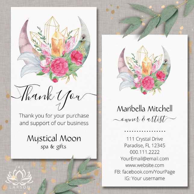 Tarjeta De Visita Boho Moon Crystals Feathers Flowers Gracias (Subido por el creador)