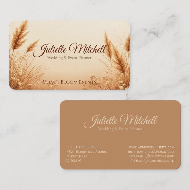 Tarjeta De Visita Boho Pampas Grass Wedding & Event Planner Business (Anverso / Reverso)