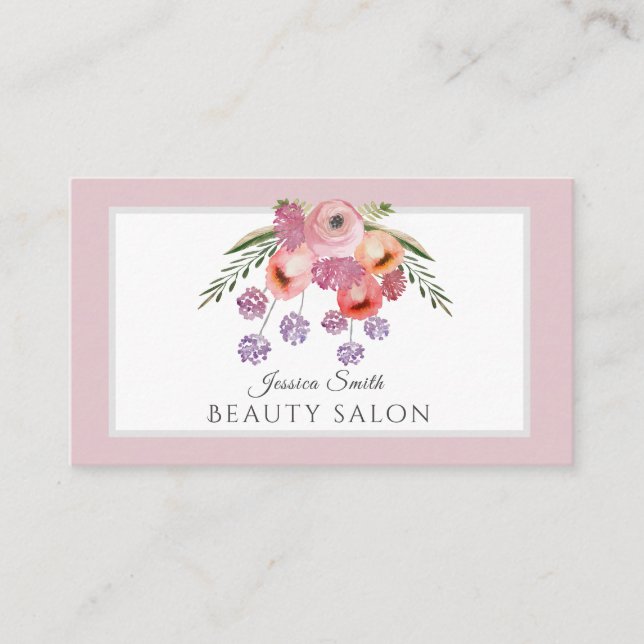 Tarjeta De Visita Boho rosa pálido acuarela ramo de flores (Anverso)