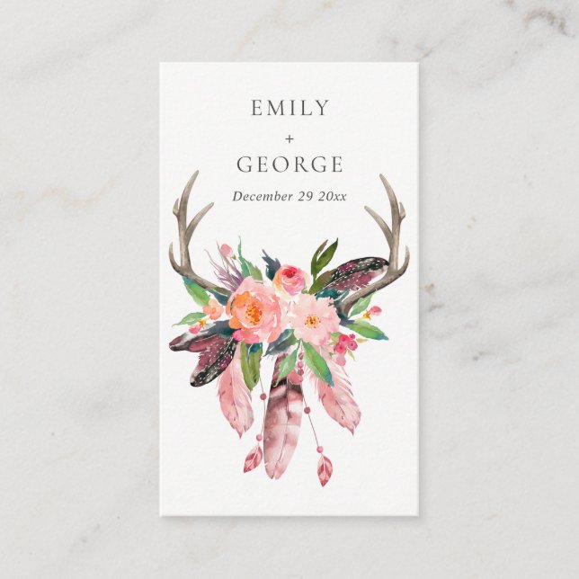 TARJETA DE VISITA BOHO RUBOR FLORAL FEATHER ANTLER BODA GRACIAS (Anverso)