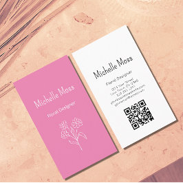 Tarjeta De Visita Boho Simple Daisy Pink QR código Floral Designer
