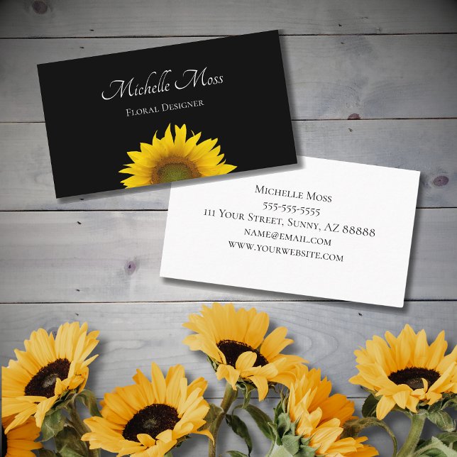 Tarjeta De Visita Boho Sunflower Floral Botánico Negro (Subido por el creador)