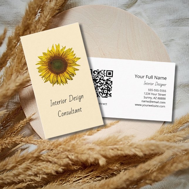 Tarjeta De Visita Boho Sunflower QR code Designer Rustic Cream (Subido por el creador)