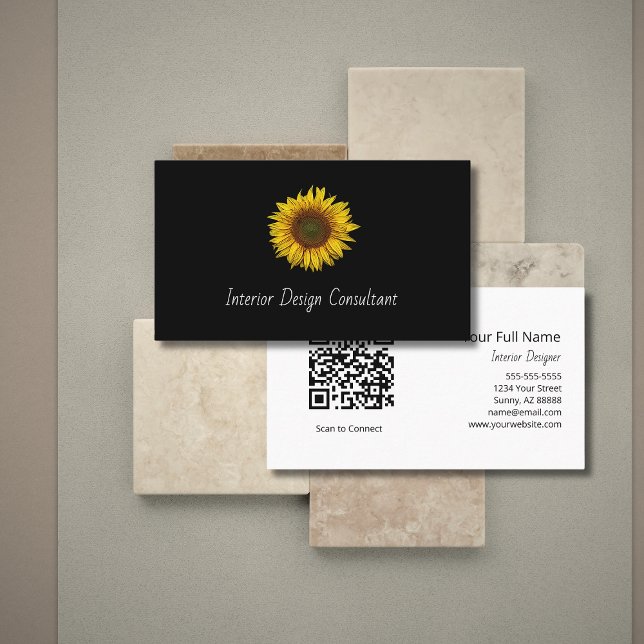 Tarjeta De Visita Boho Sunflower QR code Interior Designer Black  (Subido por el creador)