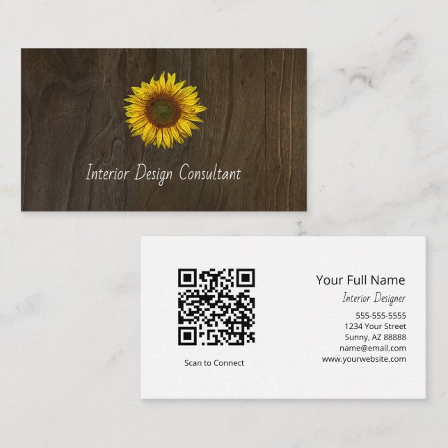 Tarjeta De Visita Boho Sunflower QR code Rustic Barn Wood (Anverso / Reverso)