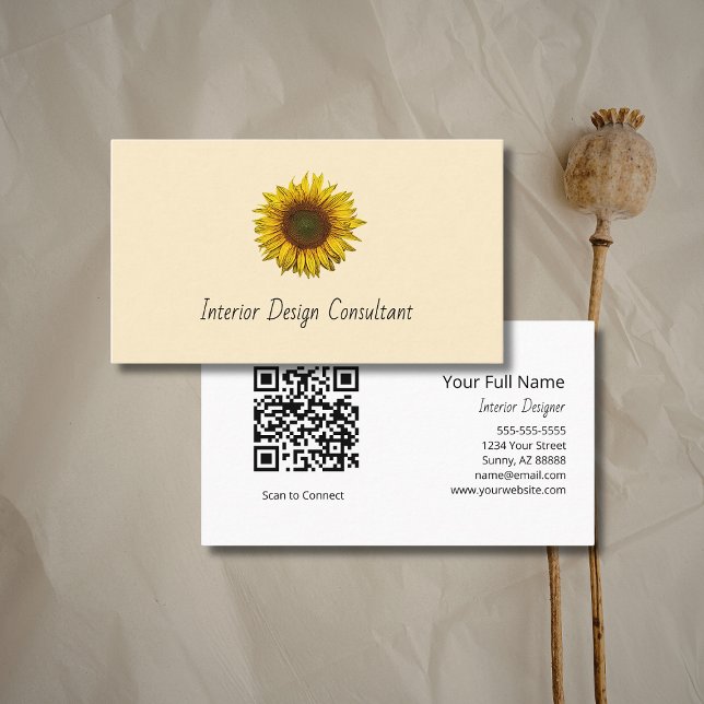 Tarjeta De Visita Boho Sunflower QR code Rustic Interior Designer  (Subido por el creador)