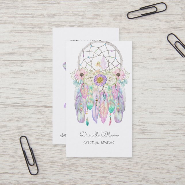 Tarjeta De Visita Boho Tribal Fairy Dream Catcher Arrows Fethers (Anverso/Reverso In Situ)