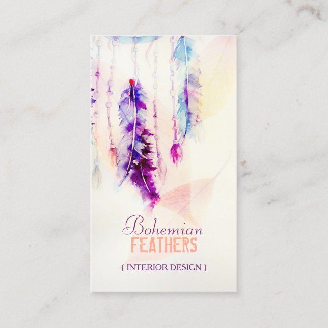 Tarjeta De Visita Boho Watercolor Dreamcatcher Feathers (Anverso)
