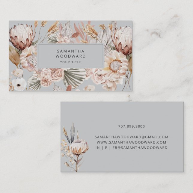 Tarjeta De Visita Boho Wildflower Cream Terracotta Grey Profesional (Anverso / Reverso)