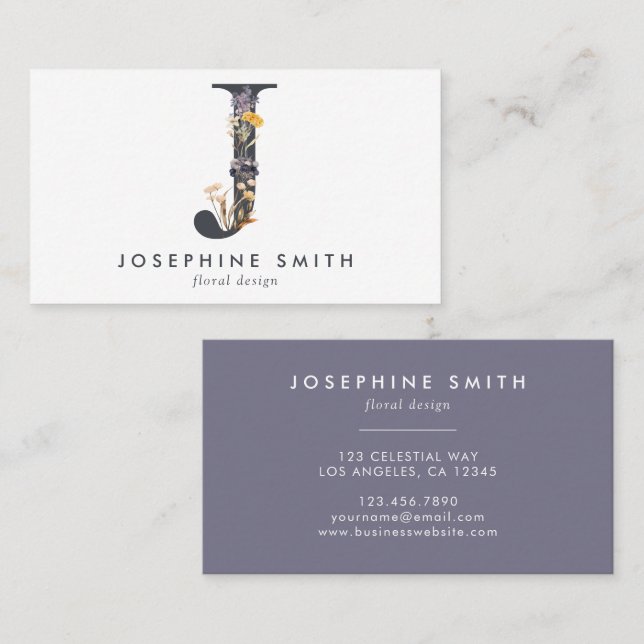 Tarjeta De Visita Boho Wildflower Monograma Inicial J (Anverso / Reverso)