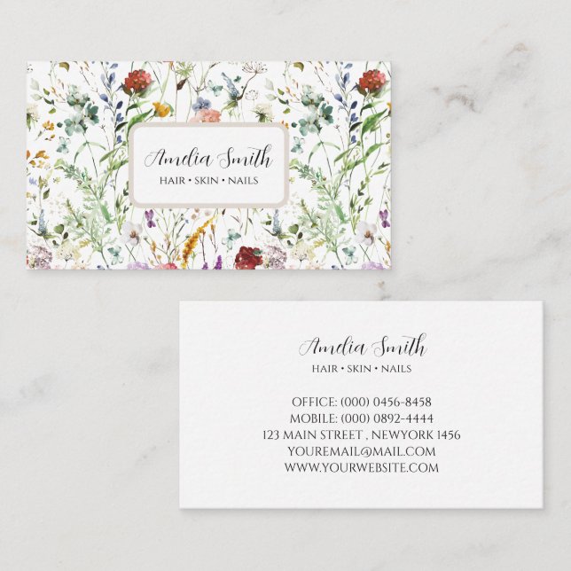 Tarjeta De Visita Boho Wildflower Watercolor Spring  Flower (Anverso / Reverso)