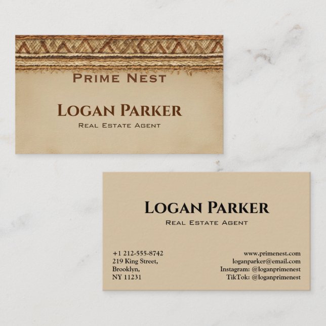 Tarjeta De Visita Boho Woven Texture Real Estate Business Card (Anverso / Reverso)