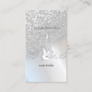 Tarjeta De Visita Bokeh de brillo plateado moderno, guitarra