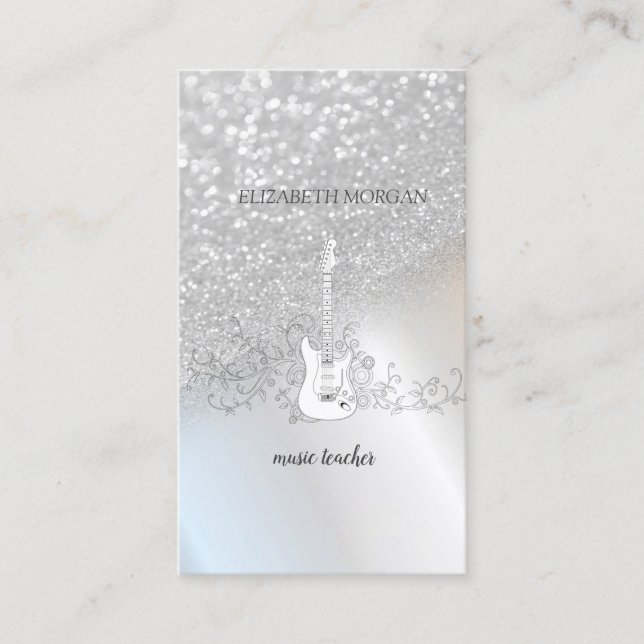 Tarjeta De Visita Bokeh, Purpurina de plata moderna, guitarra (Anverso)