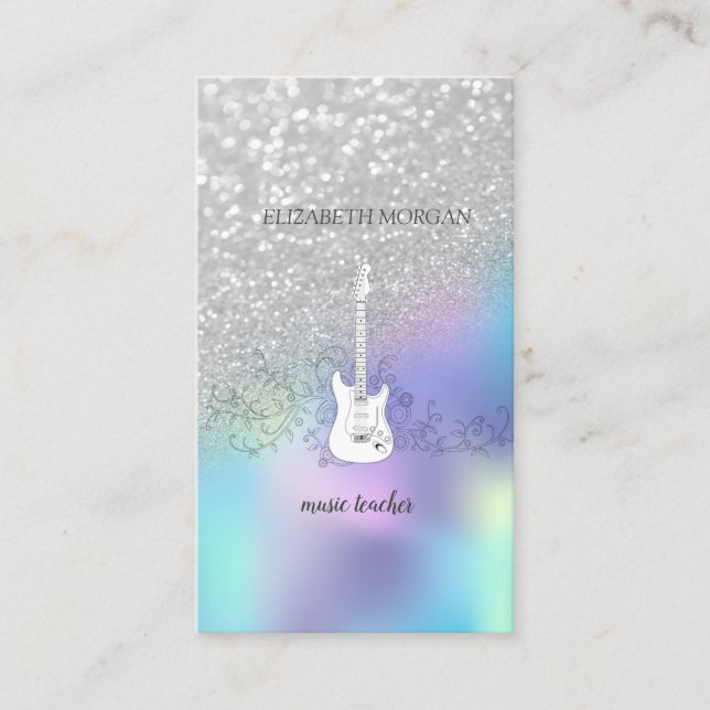 Tarjeta De Visita Bokeh, Purpurina plateado, guitarra, holográfico a (Anverso)