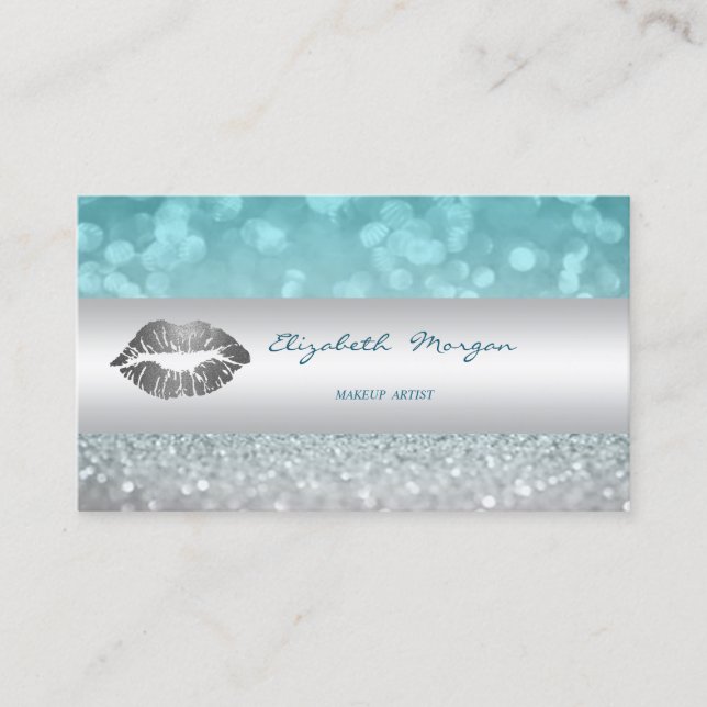 Tarjeta De Visita Bokeh Purpurinoso moderna, labios plateados (Anverso)