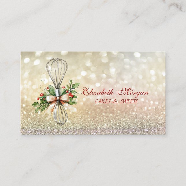 Tarjeta De Visita  Bokeh Rolling Pin Whisk Winter Flowers Bakery (Anverso)