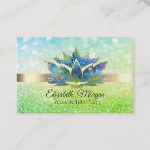 Tarjeta De Visita Bokeh verde oro, Flor de loto azul Yoga