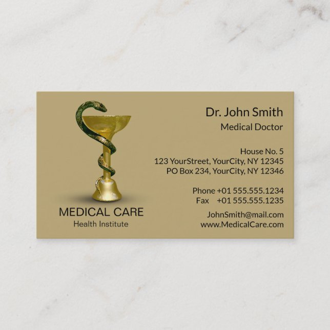 Tarjeta De Visita Bola de serpiente médica Hygieia Oro Beige Caduceu (Anverso)