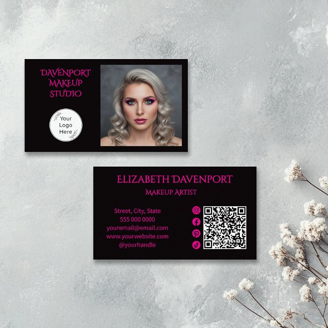 Tarjeta De Visita Bold Black and Hot Pink Social Icon QR Code (Subido por el creador)
