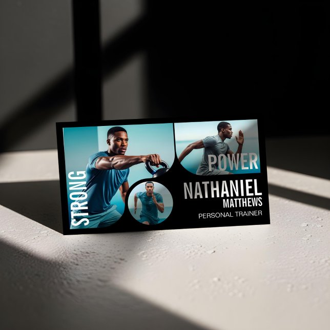 Tarjeta De Visita Bold Black Personal Trainer Fitness Gym Coach QR (Trendy Wavy Photo Frame Personal Trainer Fitness Business Card)
