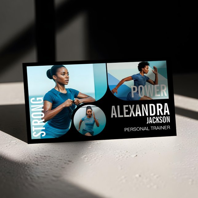 Tarjeta De Visita Bold Black Personal Trainer Fitness Gym Coach QR (Trendy Wavy Photo Frame Personal Trainer Fitness Business Card)