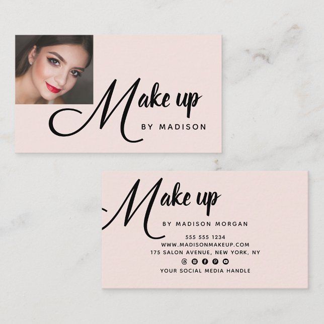 Tarjeta De Visita Bold Black Script Blush Pink Photo Makeup Business (Subido por el creador)