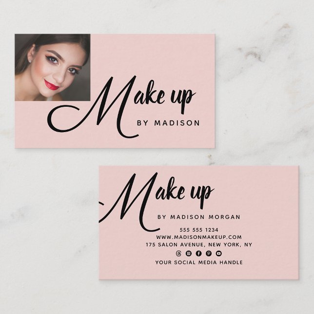 Tarjeta De Visita Bold Black Script Blush Pink Photo Makeup Business (Subido por el creador)