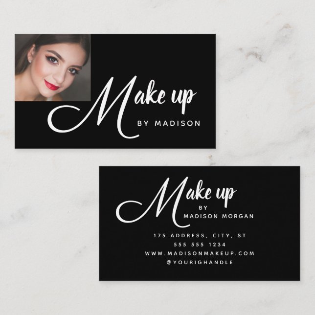 Tarjeta De Visita Bold Script Black and White Photo Makeup (Anverso / Reverso)