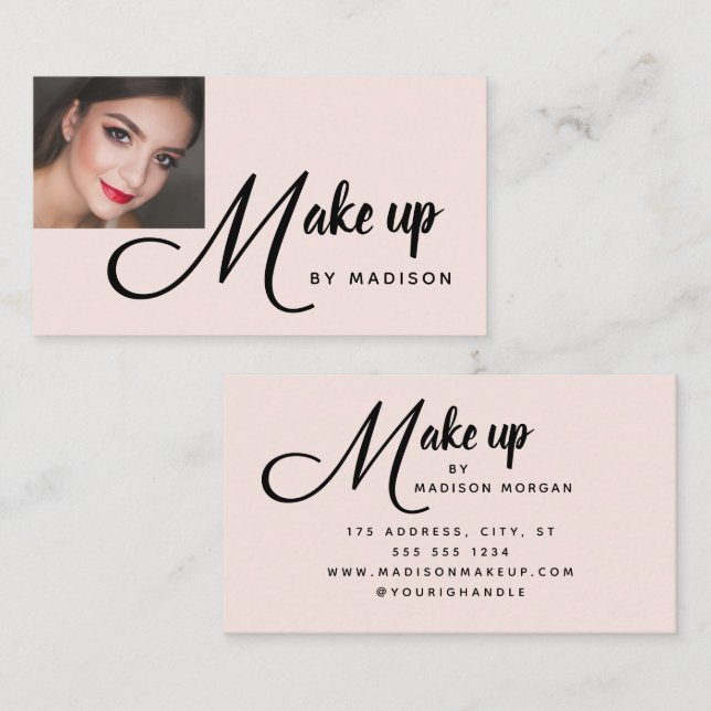 Tarjeta De Visita Bold Script Blush Pink Photo Makeup Business Card (Anverso / Reverso)