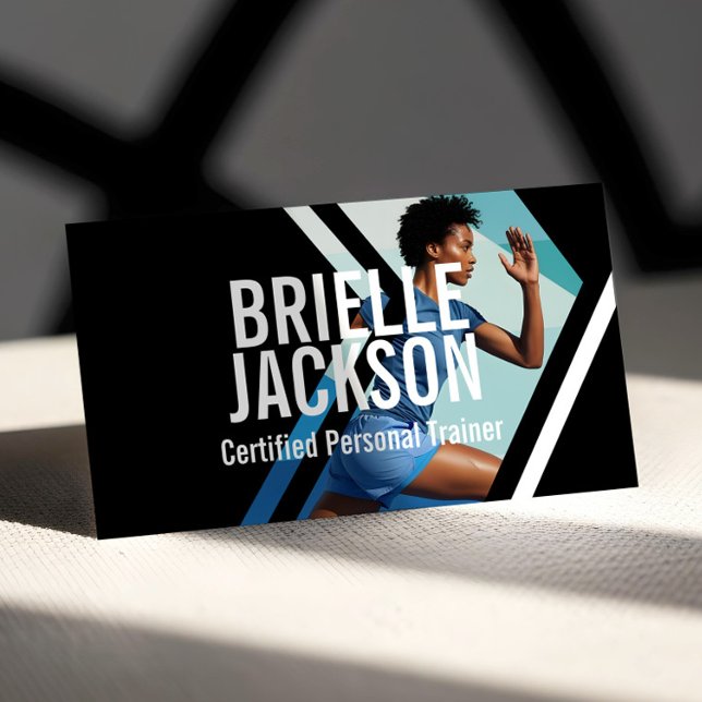 Tarjeta De Visita Bold Strong Modern Personal Trainer Fitness Photo (Bold Geometrical Photo Personal Trainer Fitness Business Card (Front))