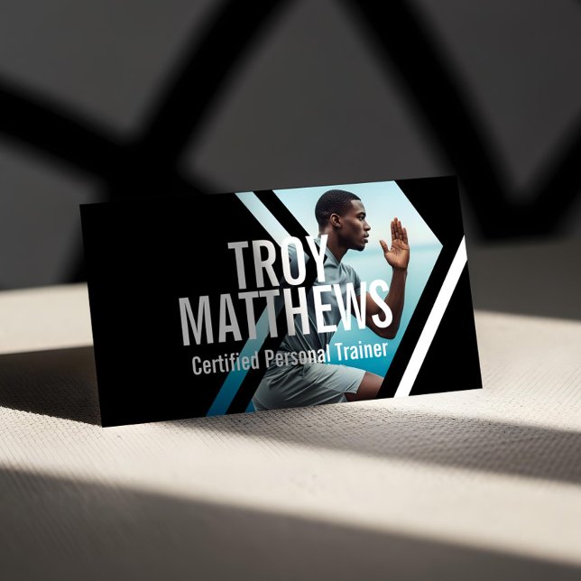 Tarjeta De Visita Bold Strong Modern Personal Trainer Fitness Photo  (Bold Geometrical Photo Personal Trainer Fitness Business Card (Front))