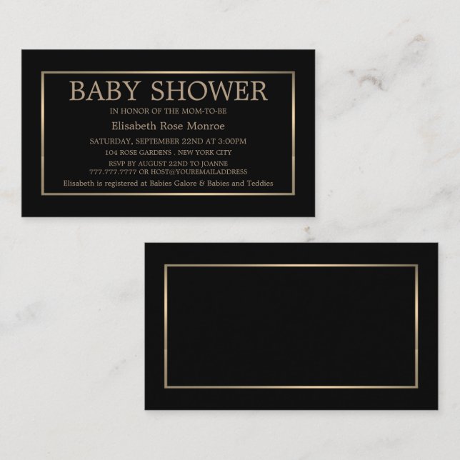 Tarjeta De Visita Boleto Baby Shower moderno y elegante, negro y dor (Anverso / Reverso)