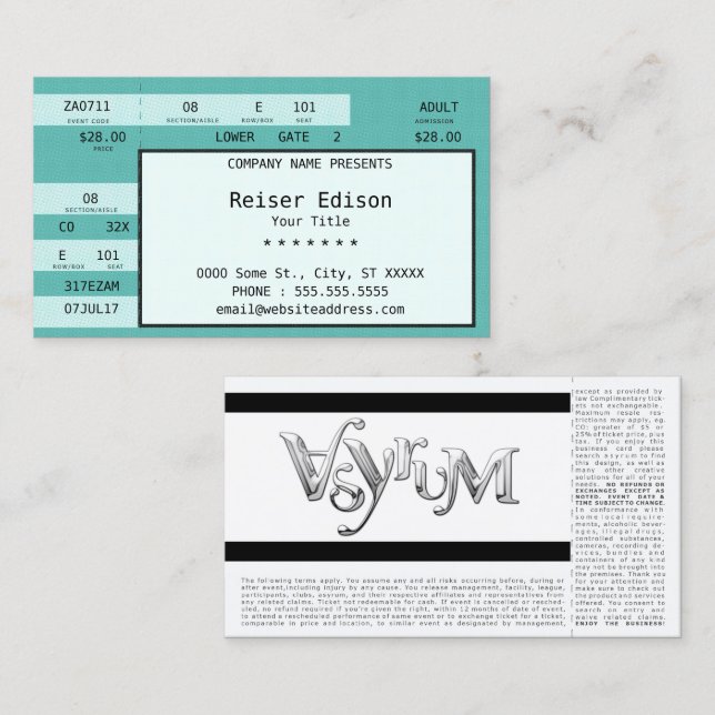 Tarjeta De Visita boleto de concierto verde azulado (Anverso / Reverso)